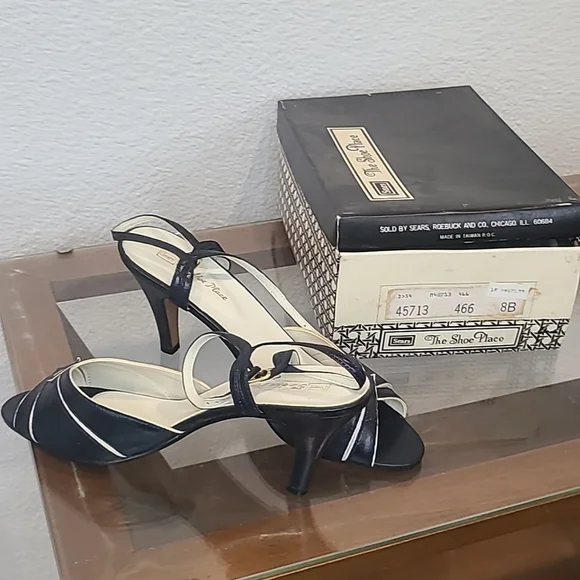 Vintage Shoes Vintage Deep Navy Blue Leather Sandal Pump Heels